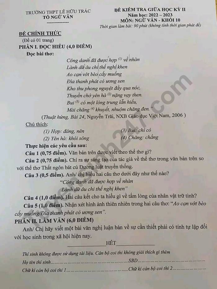 De thi giua ki 2 lop 10 mon Van nam 2023 - THPT Le Huu Trac