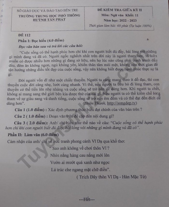 De thi giua ki 2 lop 11 mon Van nam 2023 - THPT Huynh Tan Phat