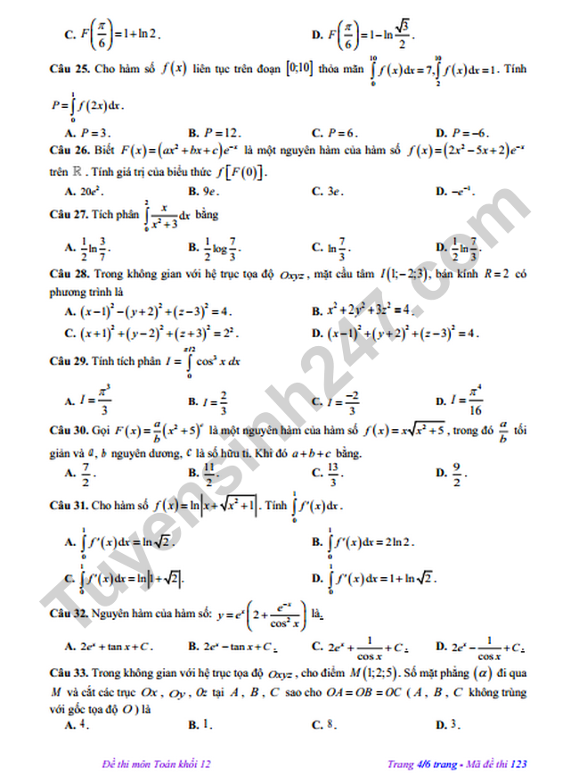De thi GK 2 lop 12 mon Toan nam 2023 - THPT Phung Khac Khoan - TT