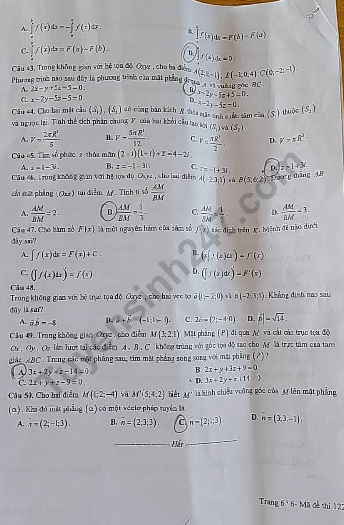 De giua ki 2 lop 12 nam 2023 mon Toan - THPT Thieu Hoa