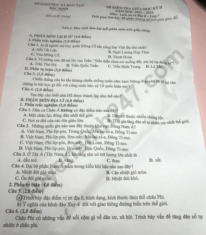 De thi giua ki 2 mon Su Dia lop 7 nam 2023 - So GD Bac Ninh