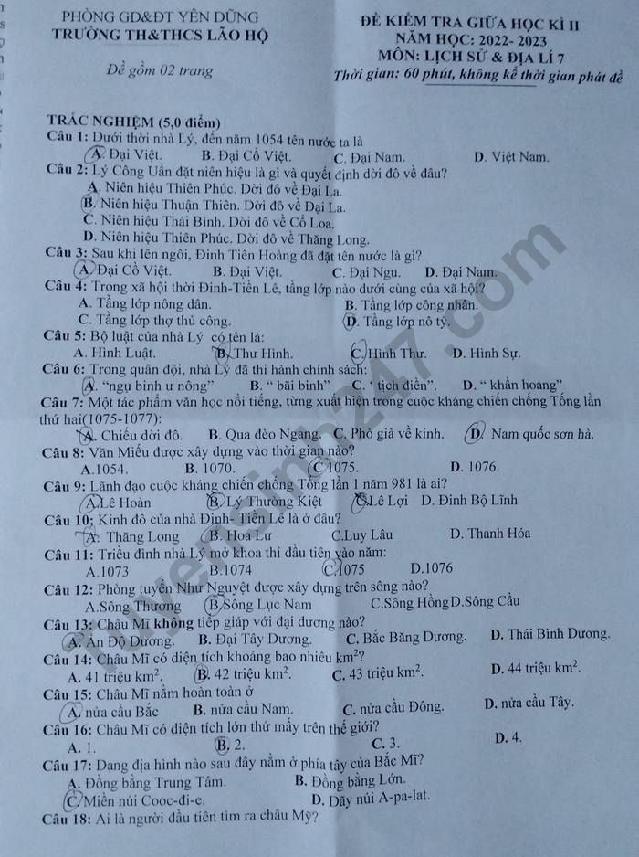 De thi giua ki 2 lop 7 mon Su - Dia nam 2023 - TH&THCS Lao Ho