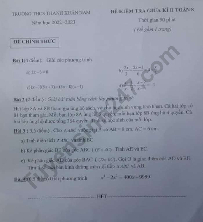 De thi GK 2 lop 8 mon Toan nam 2023 - THCS Thanh Xuan Nam