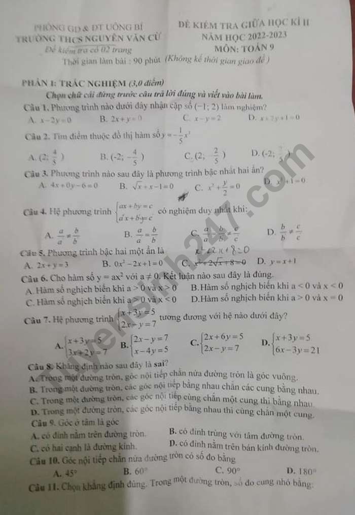 De kiem tra giua ki 2 lop 9 mon Toan nam 2023 - THCS Nguyen Van Cu