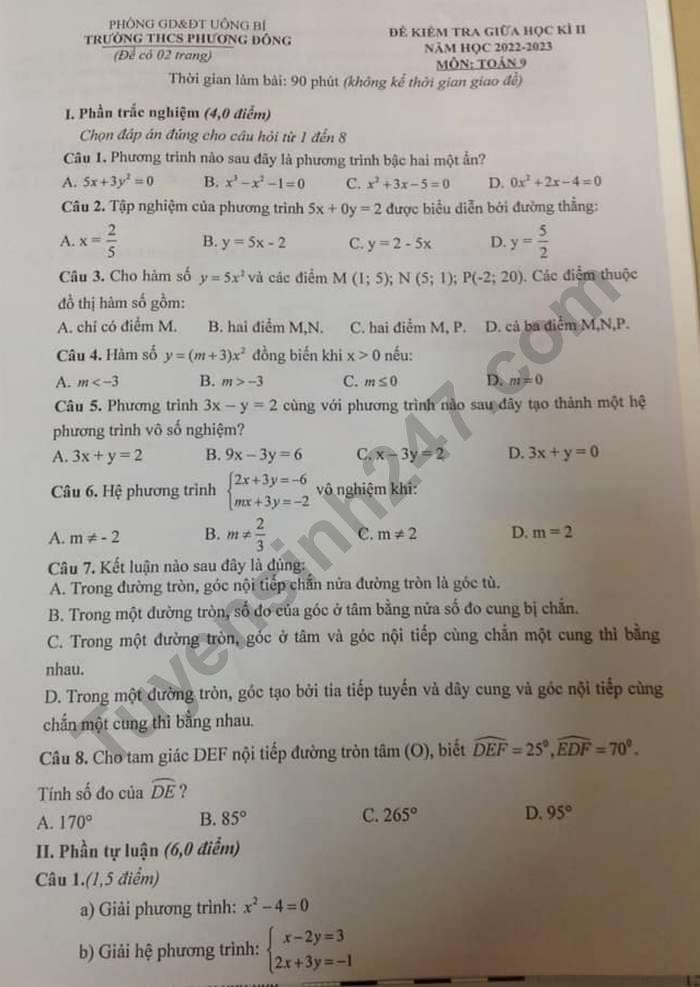 De giua ki 2 lop 9 nam 2023 mon Toan - THCS Phuong Dong