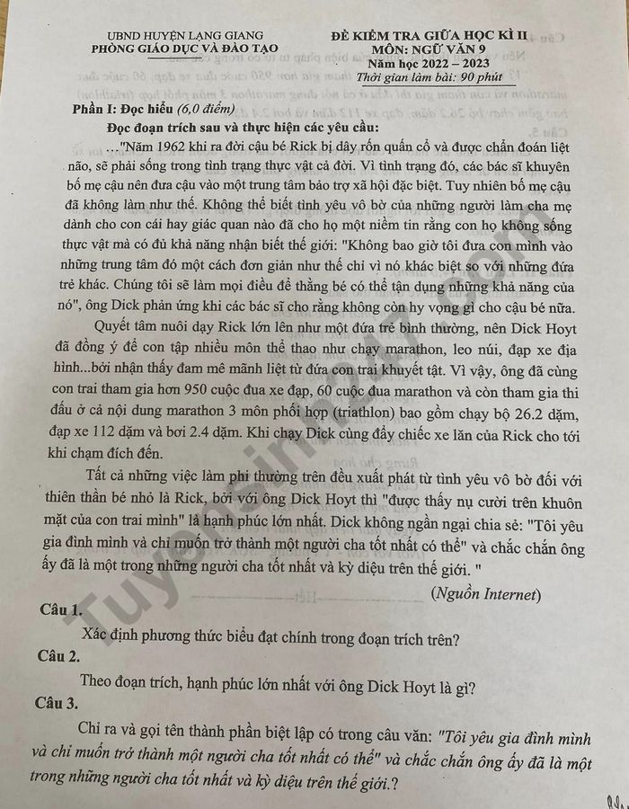 De thi giua ki 2 lop 9 mon Van nam 2023 - Phong GD Lang Giang