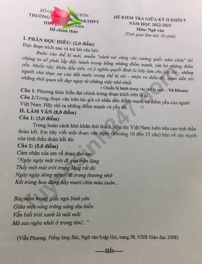 De giua ki 2 lop 9 nam 2023 mon Van - THCS Binh Gia