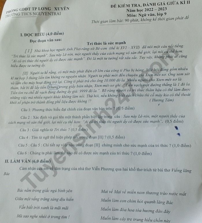 De thi giua ki 2 lop 9 mon Van nam 2023 - THCS Nguyen Trai