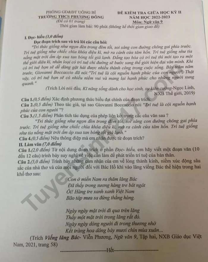 De thi giua ki 2 lop 9 mon Van nam 2023 - THCS Phuong Dong