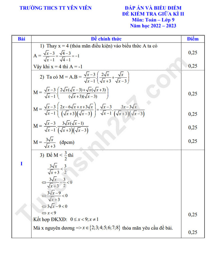 De thi GK 2 lop 9 mon Toan nam 2023 - THCS TT Yen Vien (Co dap an)