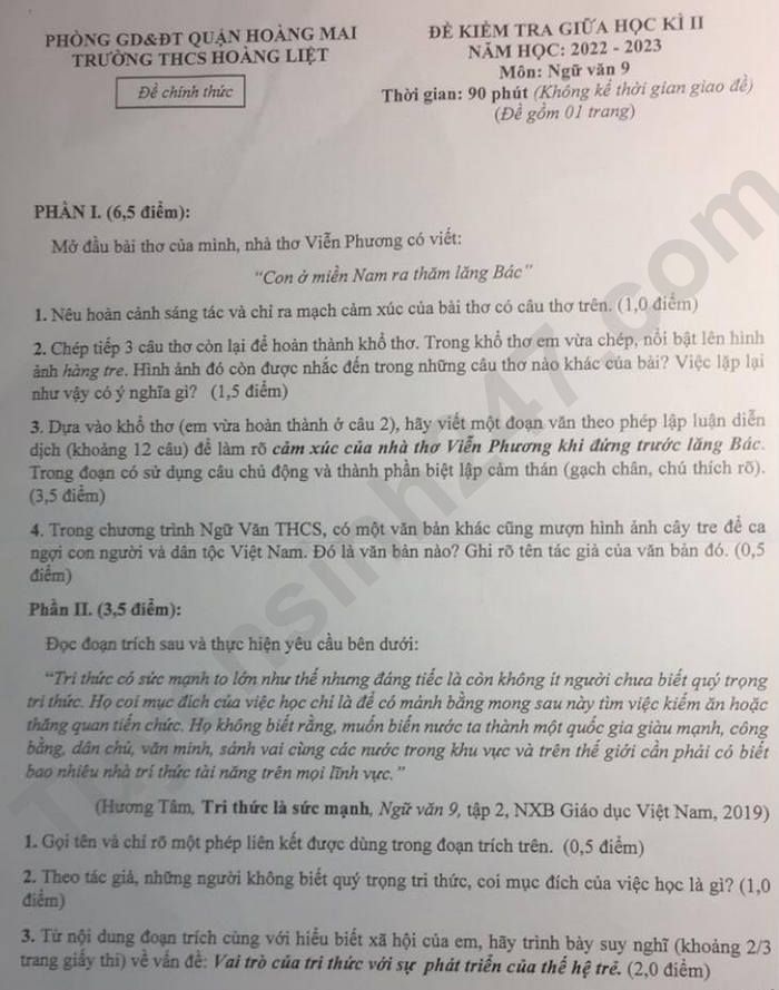 De thi giua ki 2 mon Van lop 9 - THCS Hoang Liet 2023