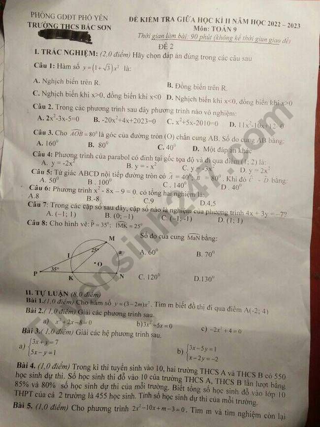 De giua ki 2 lop 9 nam 2023 mon Toan - THCS Bac Son