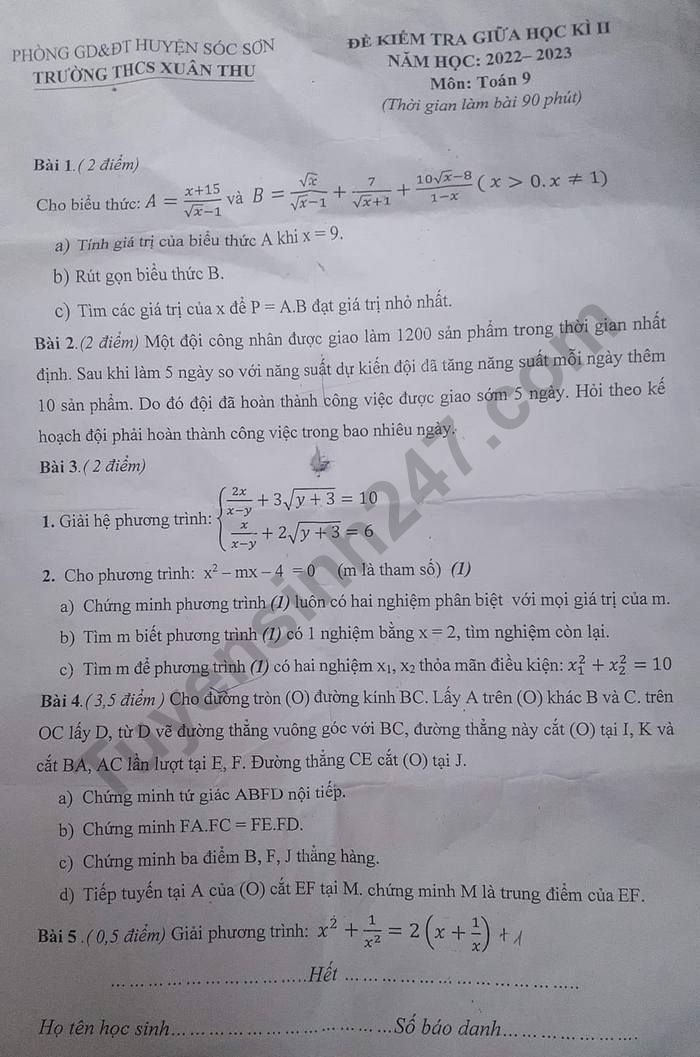 De giua ki 2 lop 9 nam 2023 mon Toan - THCS Xuan Thu
