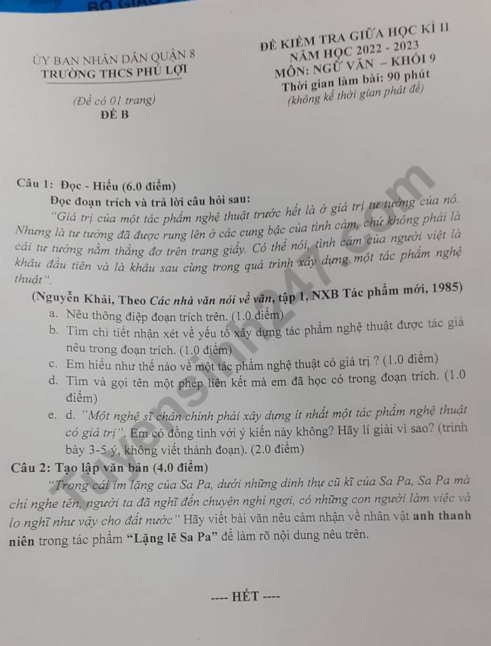 De thi giua ki 2 lop 9 mon Van nam 2023 - THCS Phu Loi