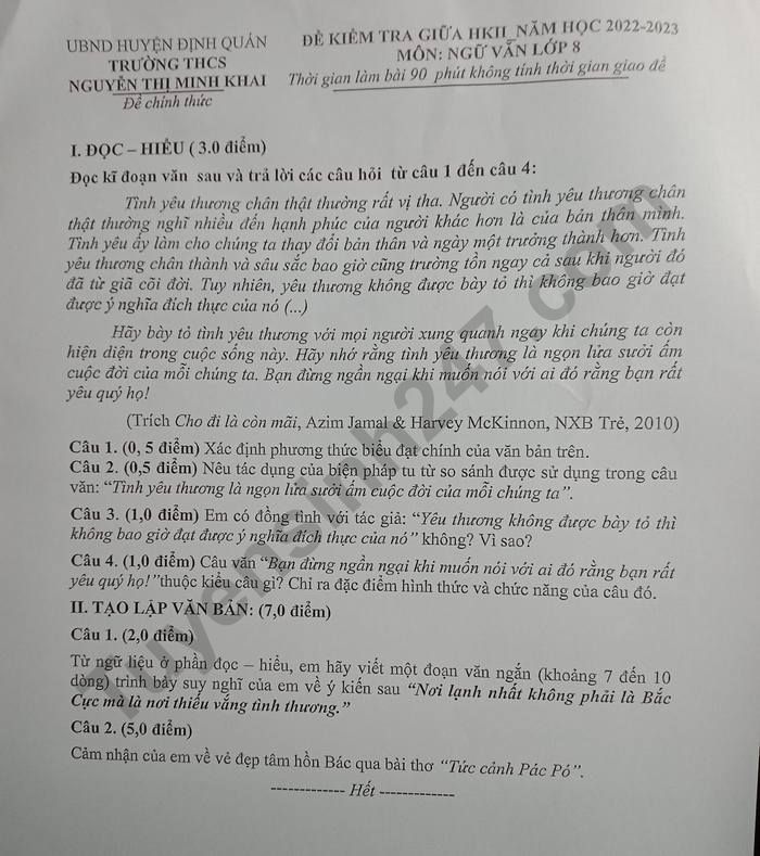 De thi giua hoc ki 2 mon Van lop 8 - THCS Nguyen Thi Minh Khai nam 2023