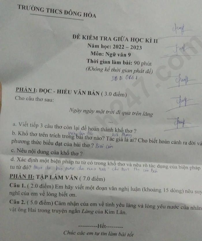 De thi giua ki 2 mon Van 2023 lop 9 THCS Dong Hoa
