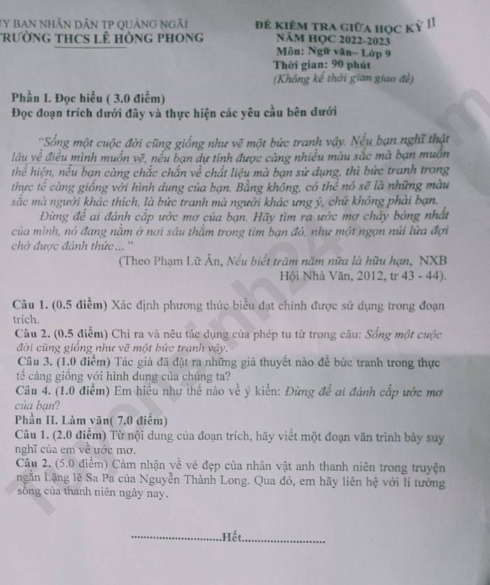 De thi giua ki 2 mon Van lop 9 THCS Le Hong Phong 2023