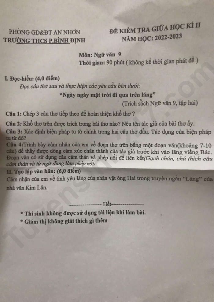 De thi giua ki 2 lop 9 mon Van nam 2023 - THCS P. Binh Dinh