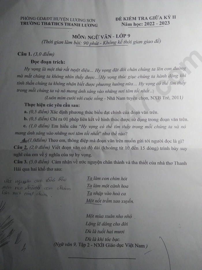 De kiem tra giua ki 2 mon Van lop 9 nam 2023 - THCS Thanh Luong