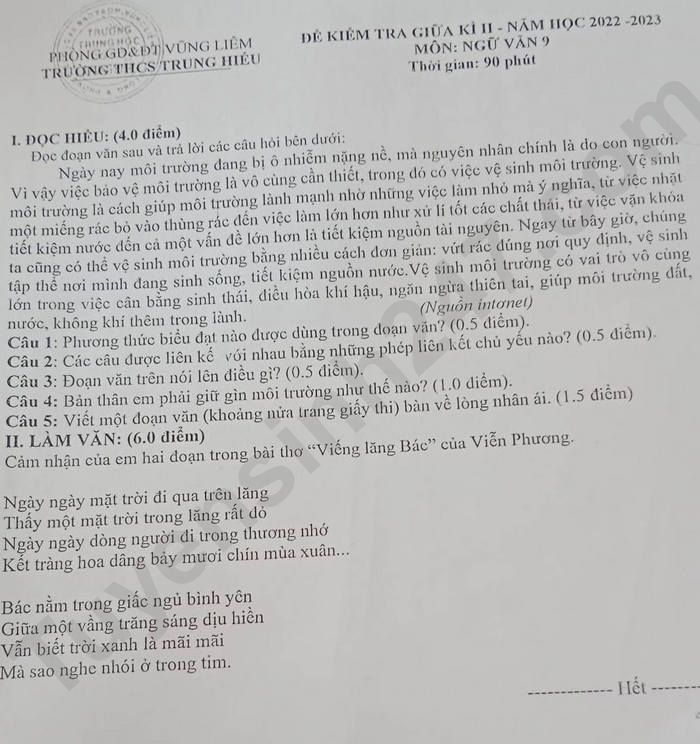 De giua ki 2 lop 9 nam 2023 mon Van - THCS Trung Hieu