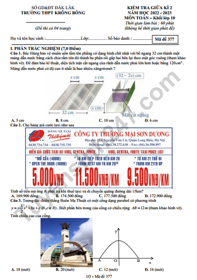 De thi giua ki 2 lop 10 mon Toan nam 2023 - THPT Krong Bong