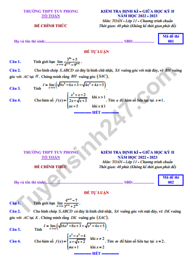 De thi GK 2 lop 11 mon Toan nam 2023 - THPT Tuy Phong