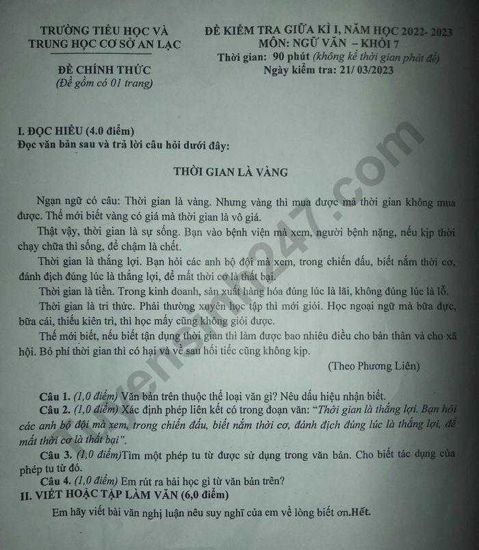 De thi giua ki 2 lop 7 mon van nam 2023 - THCS An Lac