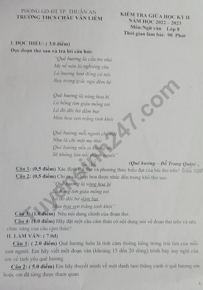 De thi giua hoc ki 2 mon Van lop 8 - THCS Chau Van Liem nam 2023