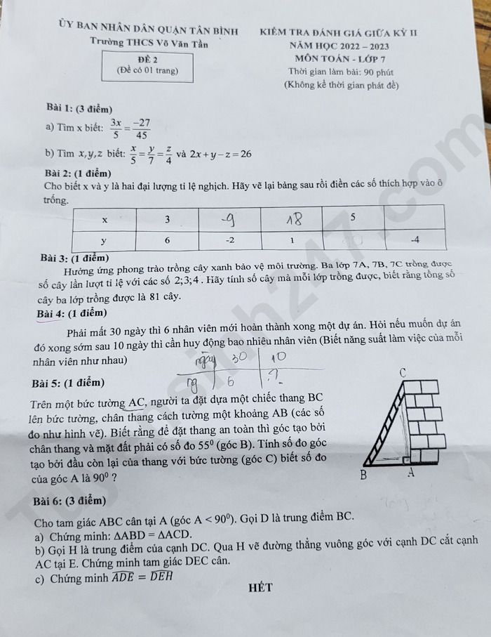 De giua ki 2 lop 7 nam 2023 mon Toan - THCS Vo Van Tan