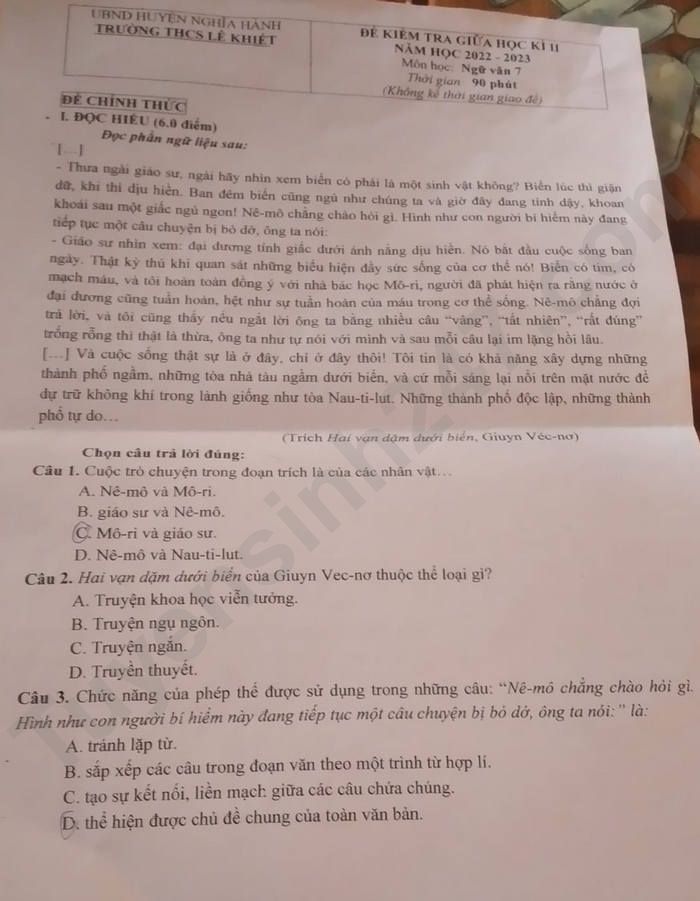 De thi giua ki 2 mon Van lop 7 nam 2023 - THCS Le Khiet