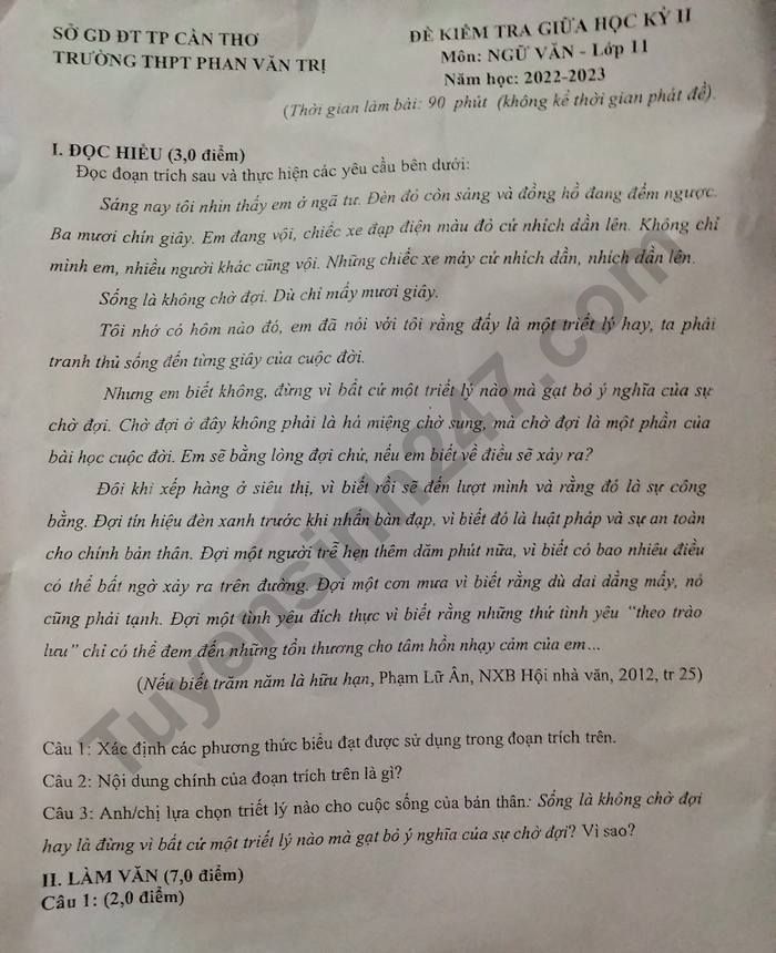 De giua ki 2 lop 11 nam 2023 mon Van - THPT Phan Van Tri