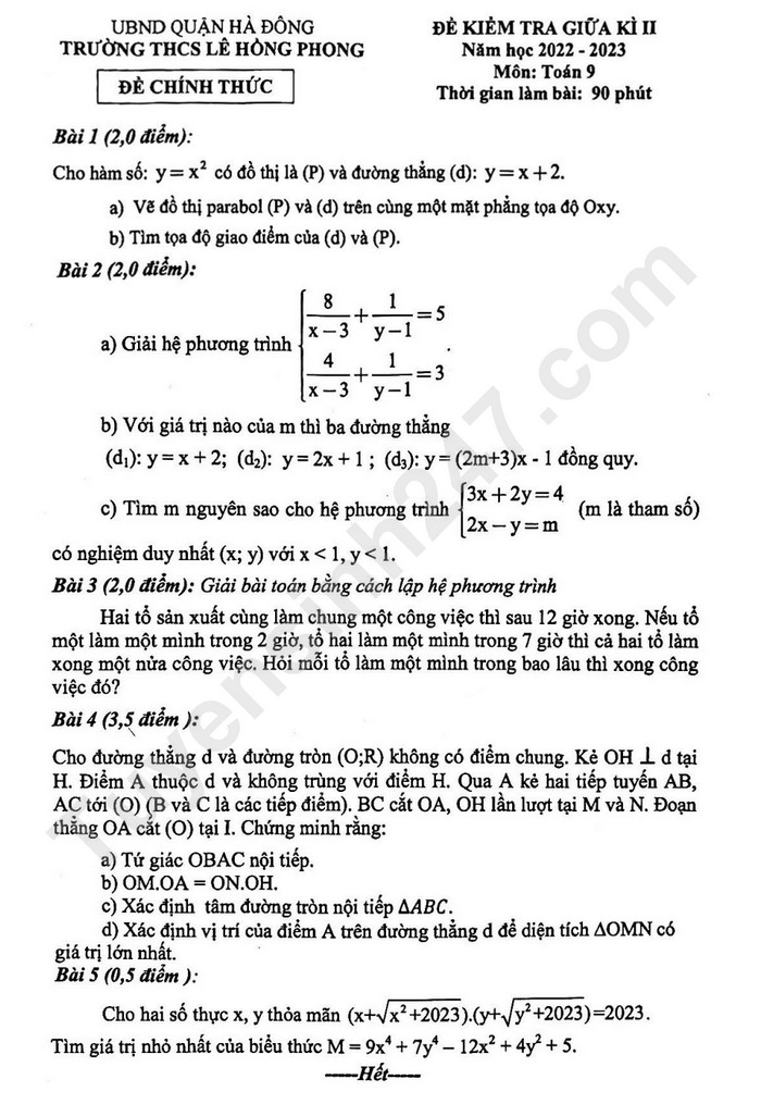 De thi giua ki 2 mon Toan lop 9 - THCS Le Hong Phong 2023