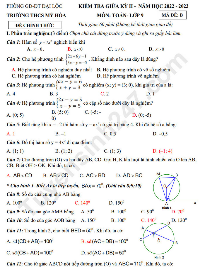 De giua ki 2 lop 9 nam 2023 mon Toan THCS My Hoa (Co dap an)