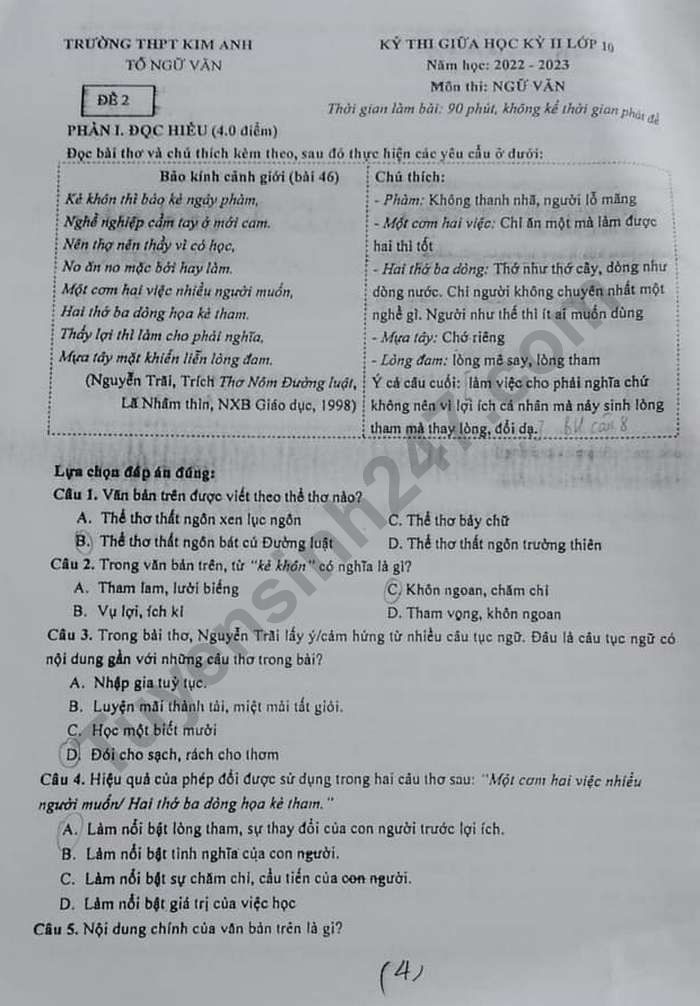 De giua ki 2 lop 10 nam 2023 mon Van - THPT Kim Anh
