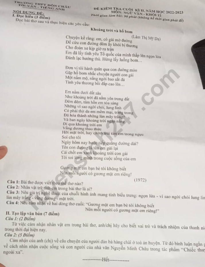 De kiem tra cuoi ki 2 mon Van lop 12 nam 2023 - THPT Don Chau