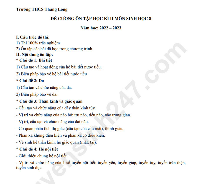 De cuong on tap ki 2 lop 8 nam 2023 mon Sinh THCS Thang Long