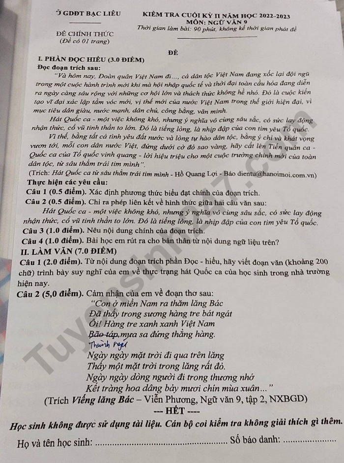 De thi ki 2 lop 9 mon Van nam 2023 - So GD Bac Lieu