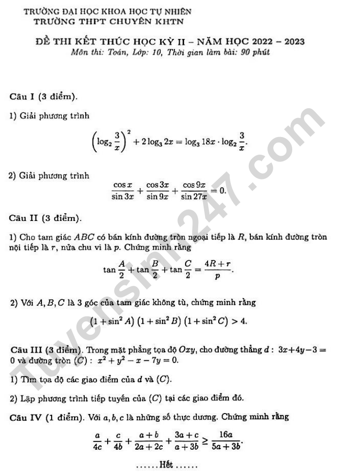 De thi ki 2 lop 10 mon Toan nam 2023 - THPT Chuyen KHTN