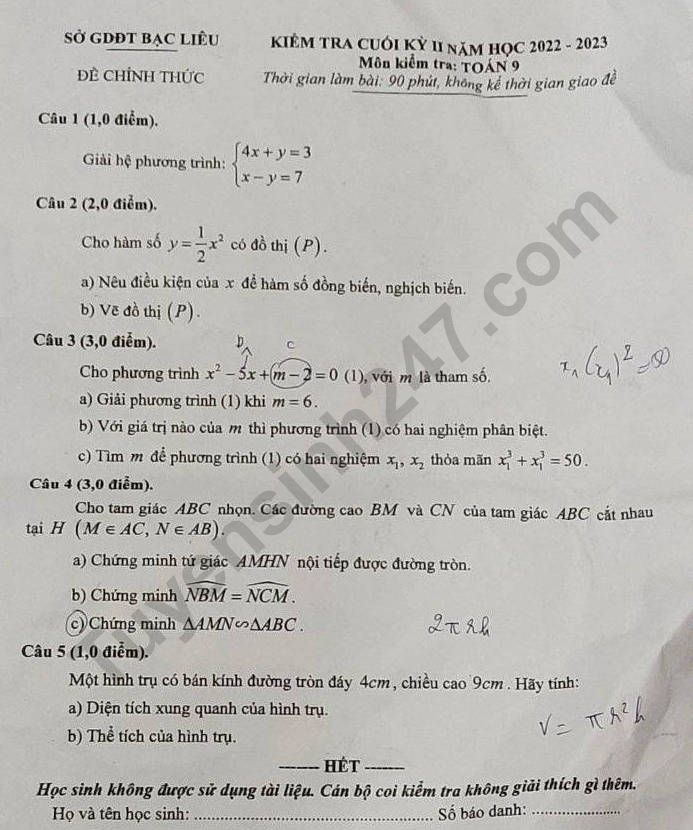 De thi ki 2 lop 9 mon Toan nam 2023 - So GD Bac Lieu