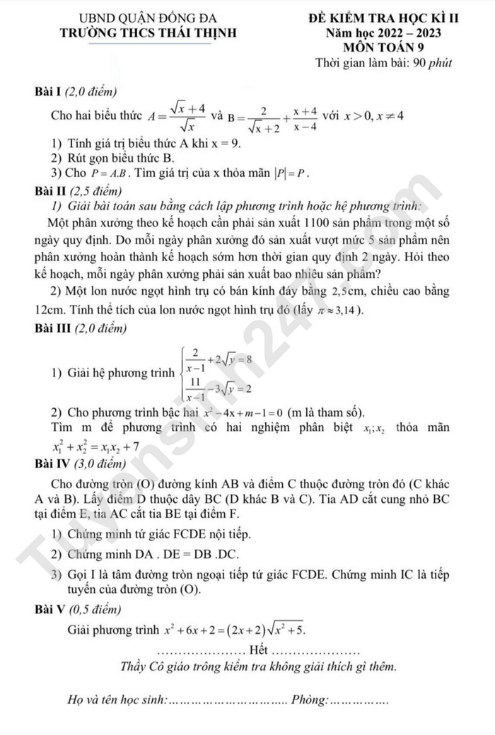 De thi ki 2 mon Toan lop 9 nam 2023 - THCS Thai Thinh (Co dap an)