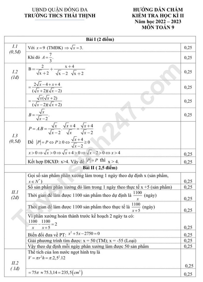 De thi ki 2 mon Toan lop 9 nam 2023 - THCS Thai Thinh (Co dap an)