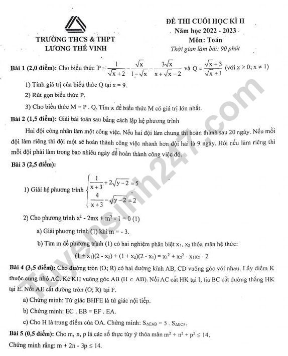 De thi hoc ki 2 mon Toan lop 9 THCS&THPT Luong The Vinh 2023