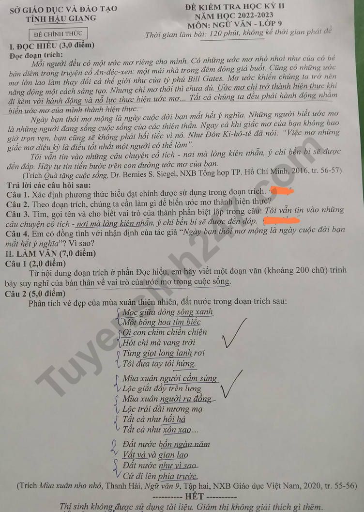 De cuoi ki 2 lop 9 mon Van 2023 - So GD Hau Giang