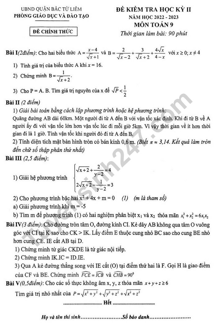 De thi cuoi ki 2 mon Toan lop 9 - Phong GD Bac Tu Liem 2023 (Co dap an)