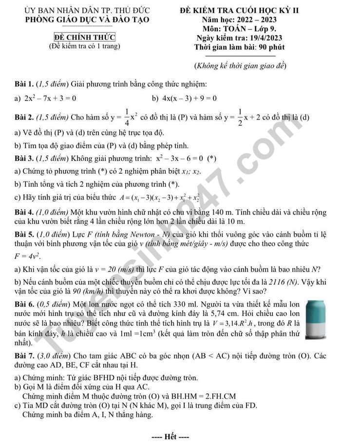 De hoc ki 2 lop 9 nam 2023 mon Toan - Phong GD Thu Duc (Co dap an)