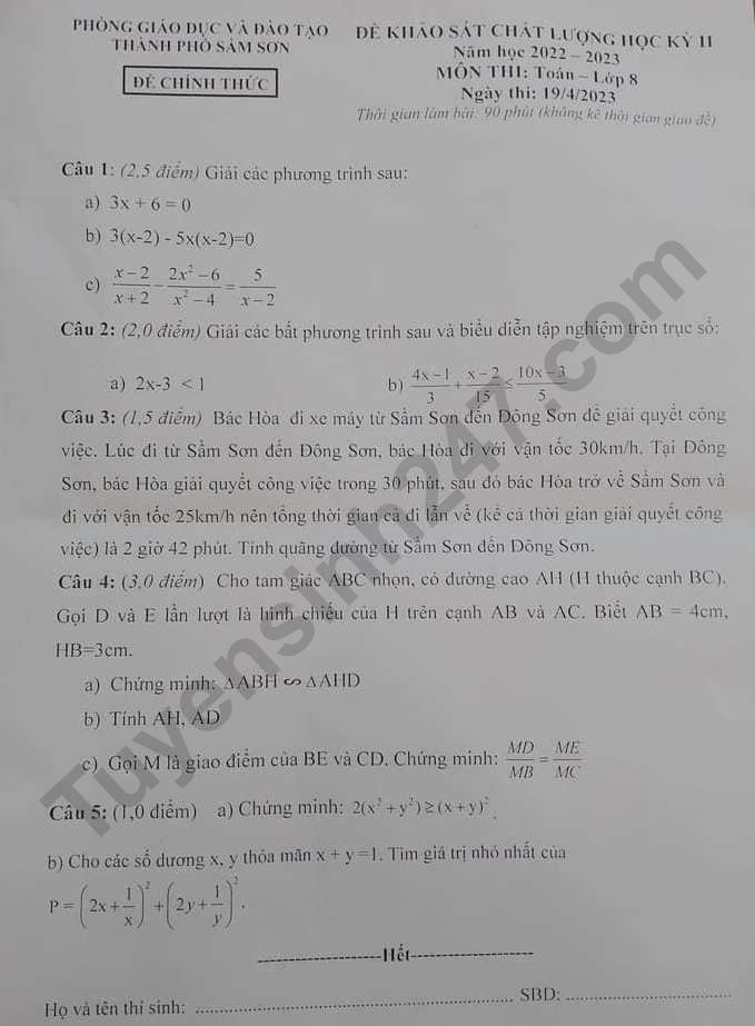 De thi ki 2 lop 8 mon Toan 2023 - Phong GD Sam Son