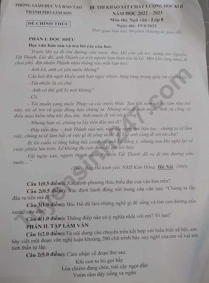 De thi ki 2 mon Van lop 8 nam 2023 - TP Sam Son