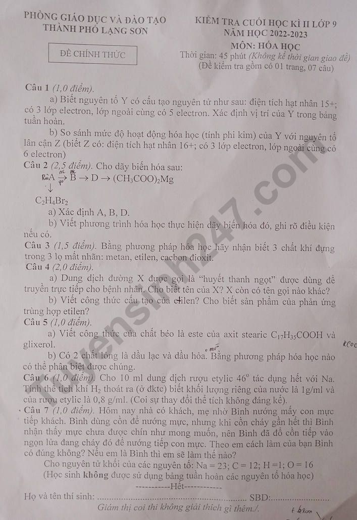 De thi ki 2 lop 9 mon Hoa 2023 - Phong GD Lang Son