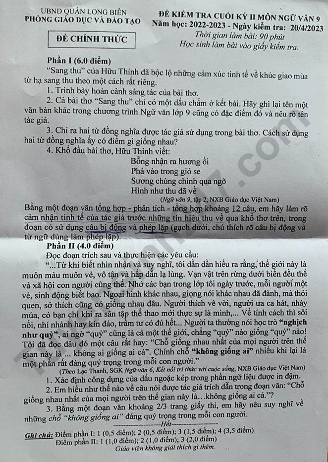 De thi ki 2 lop 9 mon Van 2023 - Phong GD Quan Long Bien
