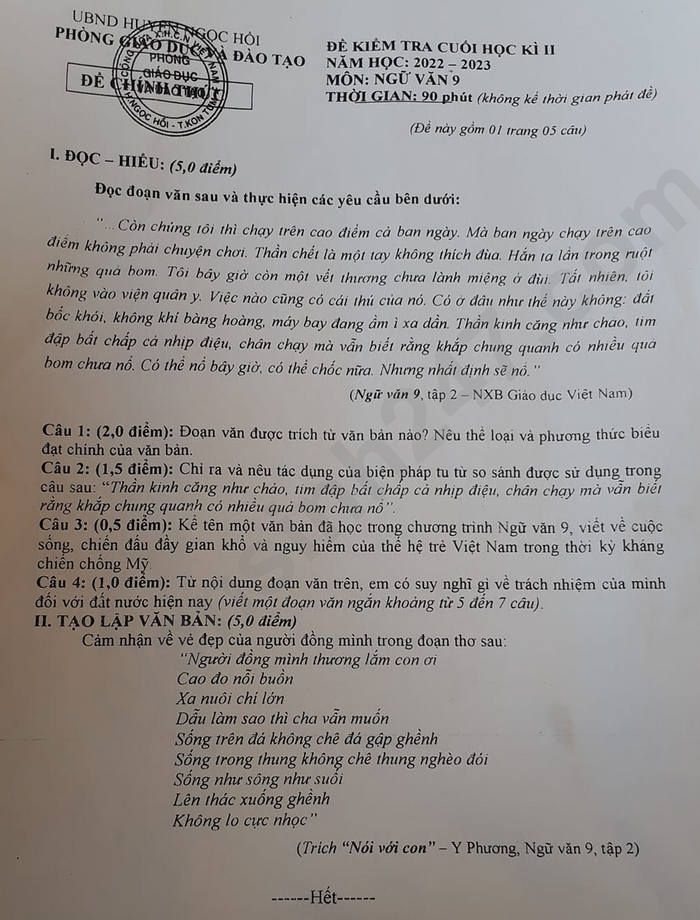 De thi cuoi ki 2 mon Van lop 9 Huyen Ngoc Hoi 2023